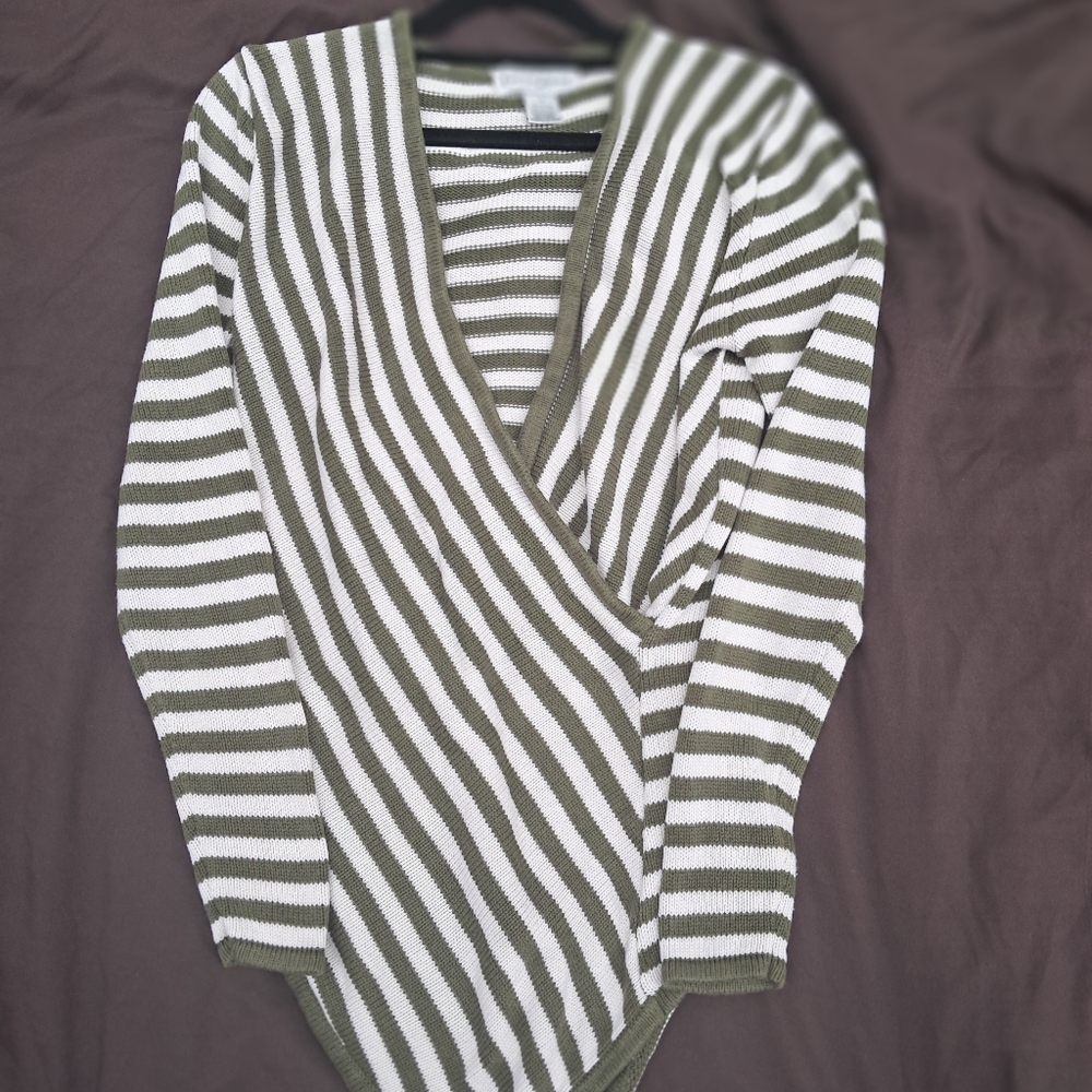 Olive Green Small Striped V Neck Assymetrical White Small Sweater Cotton Blend